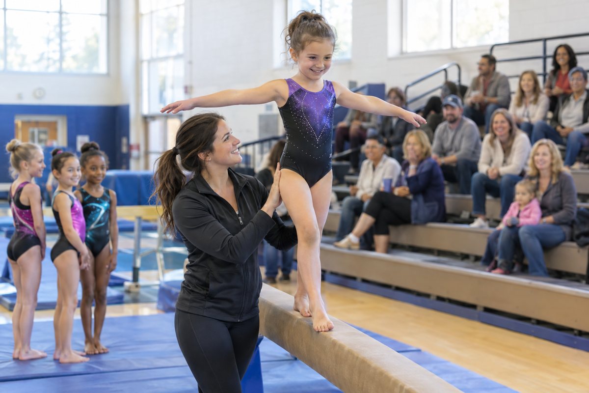 Young gymnasts training in a community gym